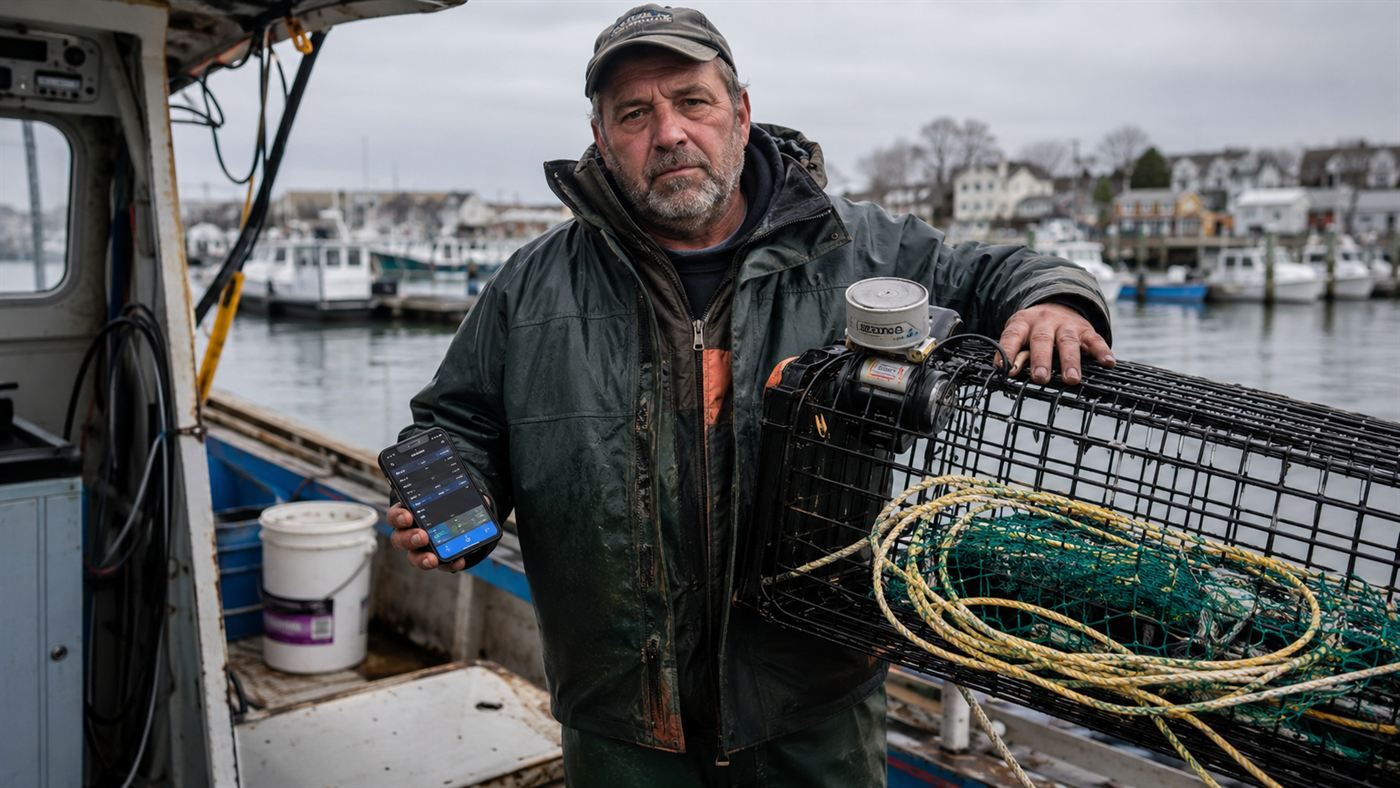 A New England lobsterman on his boat holding an on-demand ropeless lobster trap with an acoustic release