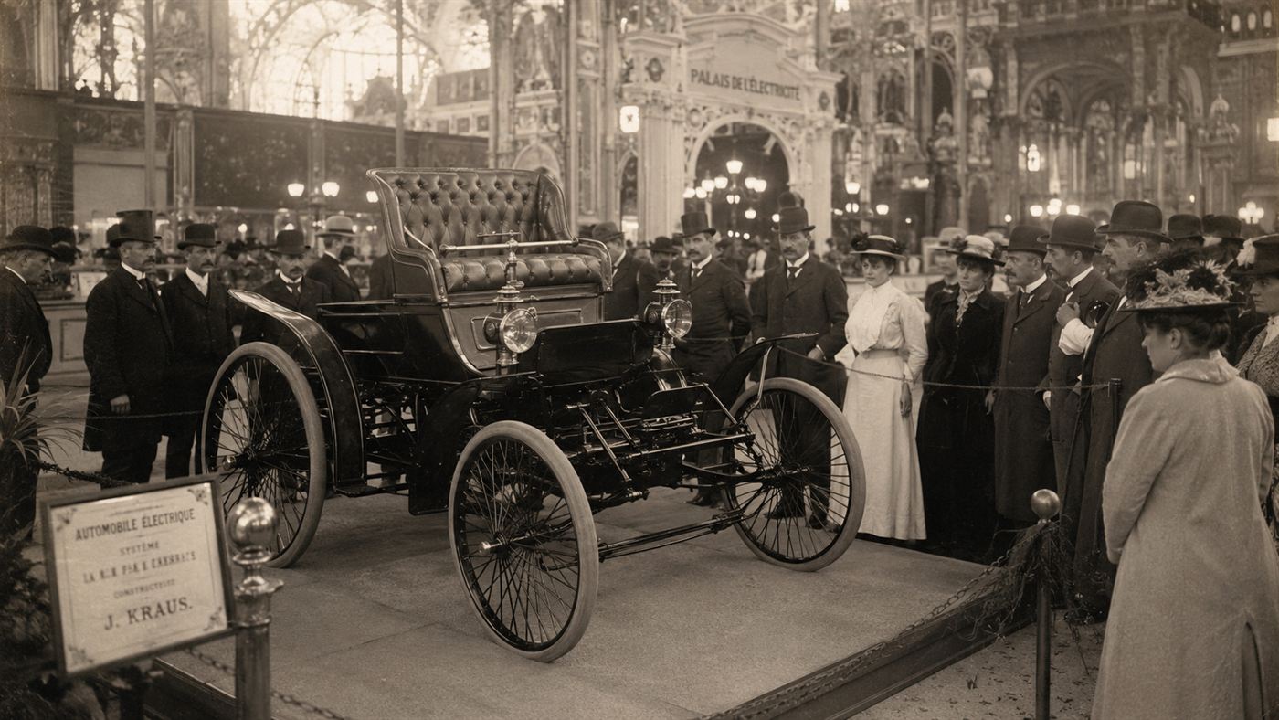 The 1900 Lohner-Porsche electric carriage on display at the Paris World's Fair Palace of Electricity