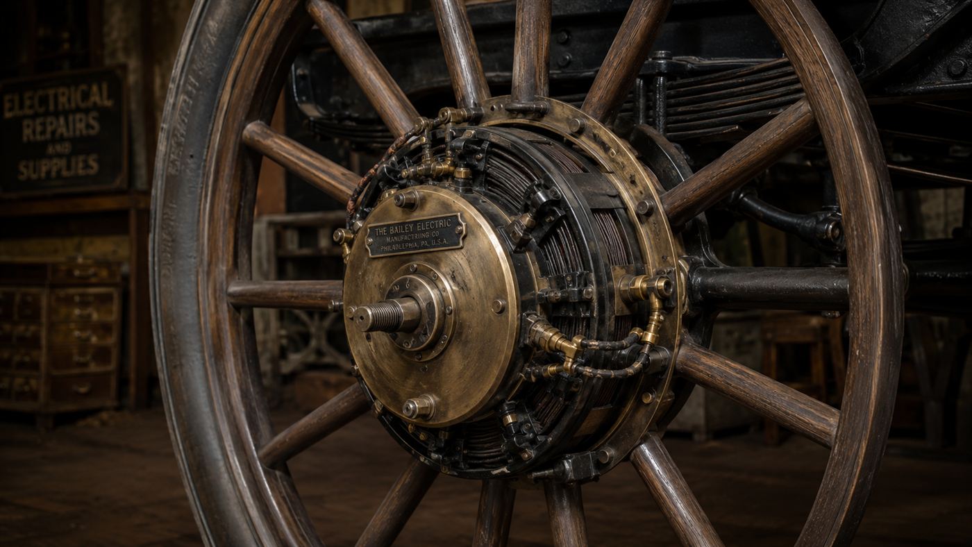 A close-up of an early 1900 electric wheel-hub motor built into a wooden-spoked carriage wheel