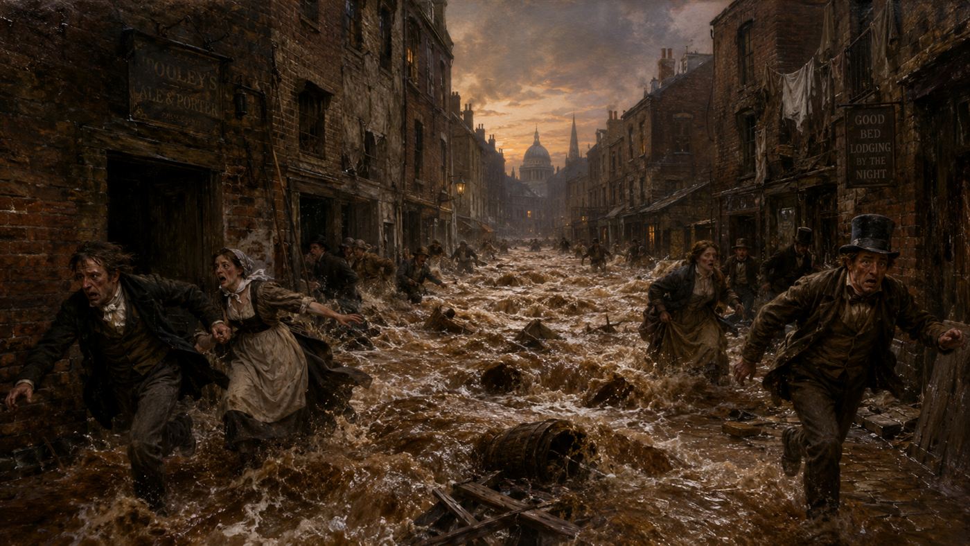 A wave of dark porter surging through a London street during the London Beer Flood of 1814