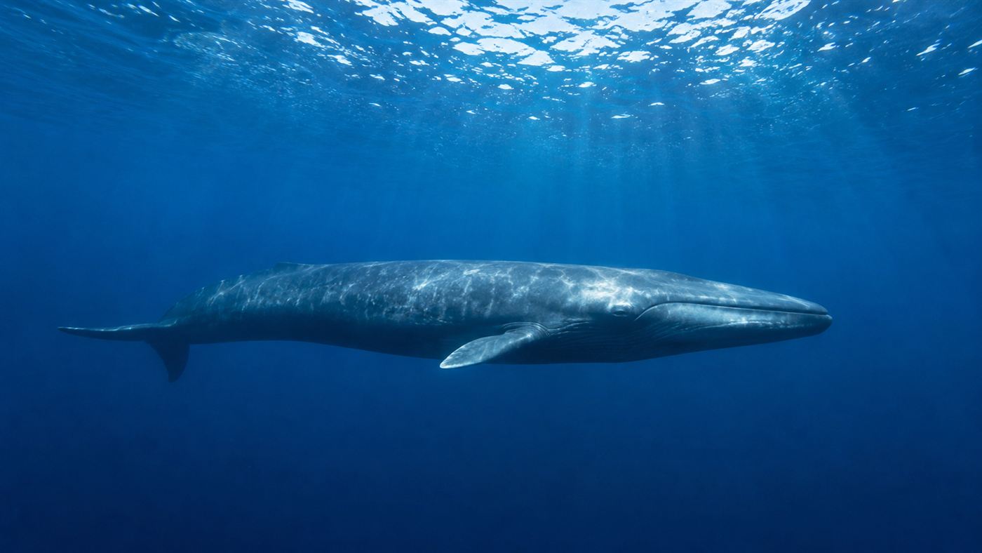 The loneliest whale swimming alone through deep blue open ocean with sunlight filtering down from the surface