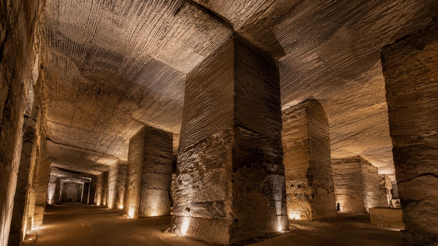 The vast interior of the Longyou Caves with huge carved stone pillars and chisel-marked rock ceilings