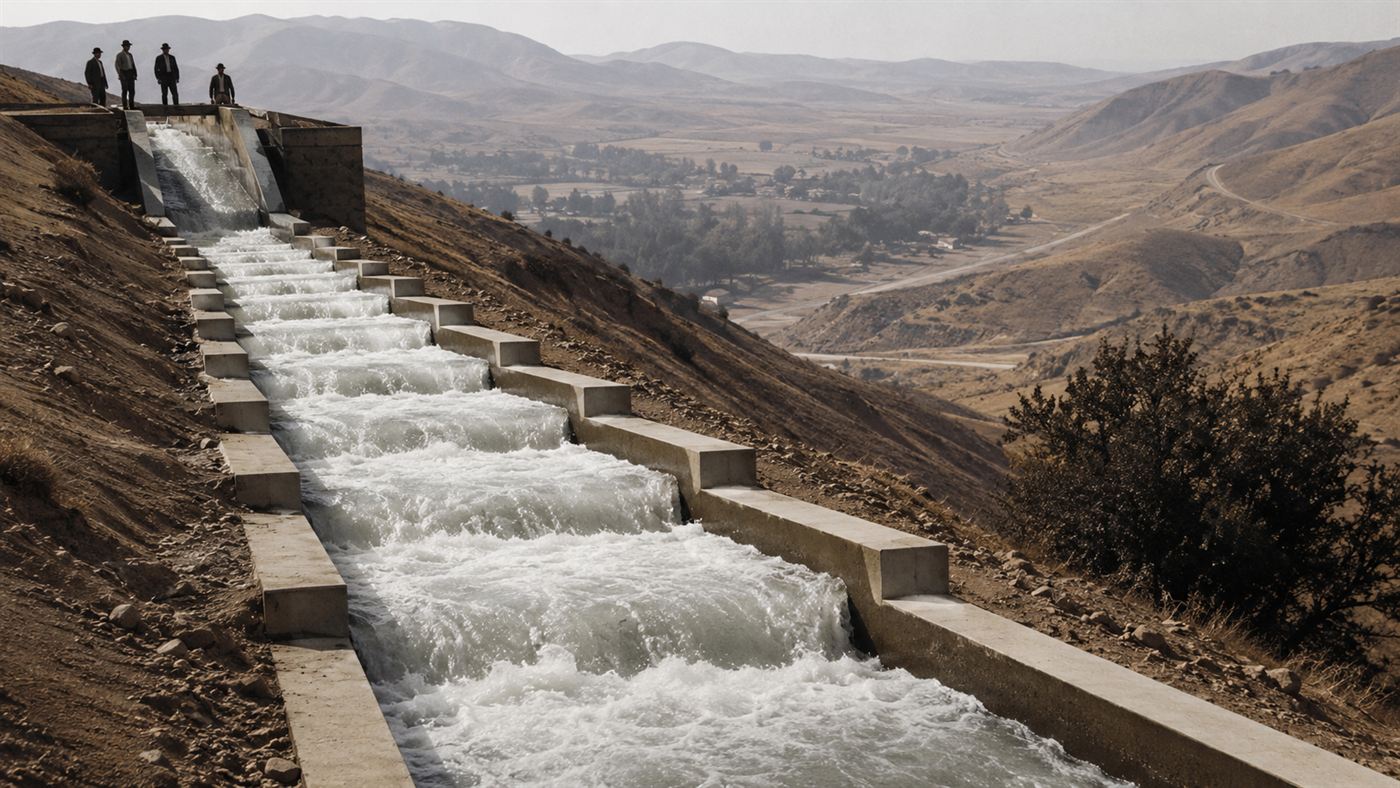 Water rushing down the concrete cascades of the Los Angeles Aqueduct as it descends toward the city