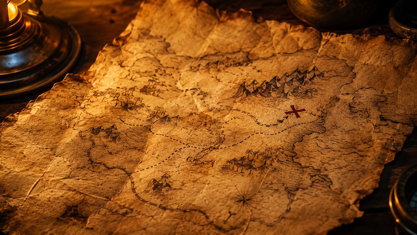 A weathered antique hand-drawn treasure map on aged parchment showing faint trails and mountain symbols for the Lost Dutchman mine