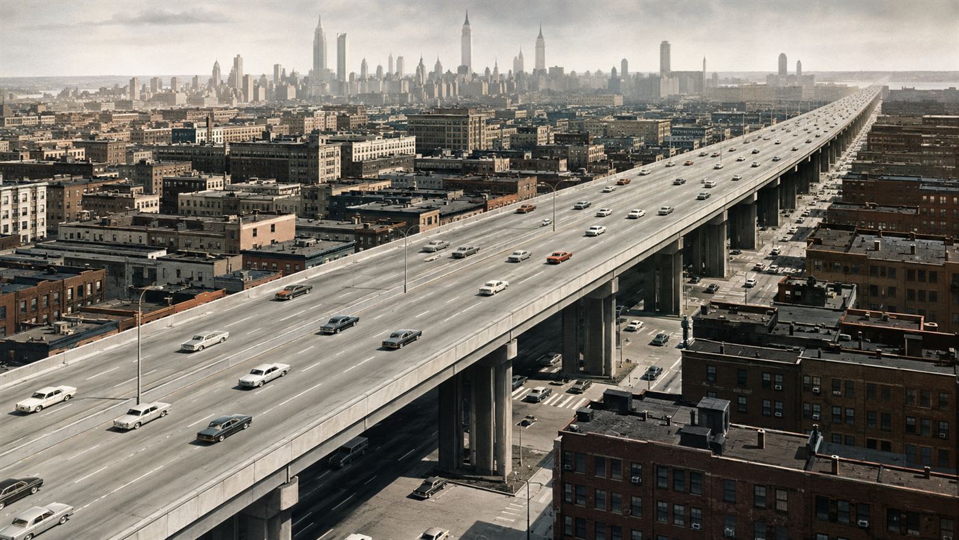 A 1960s rendering of a massive elevated ten-lane highway cutting across dense Lower Manhattan blocks