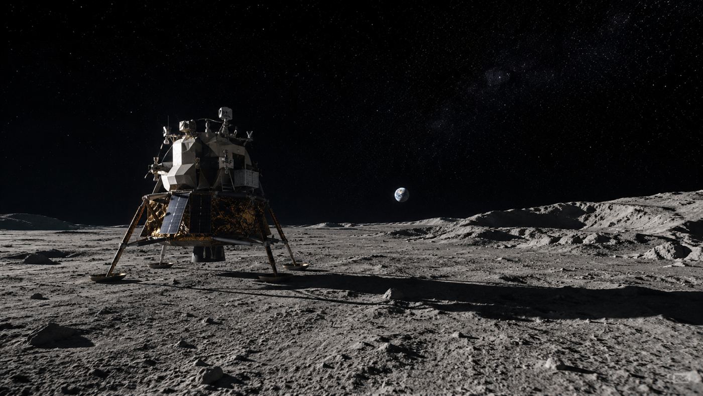 A lander standing on the grey cratered surface near the Moon's south pole under a black sky