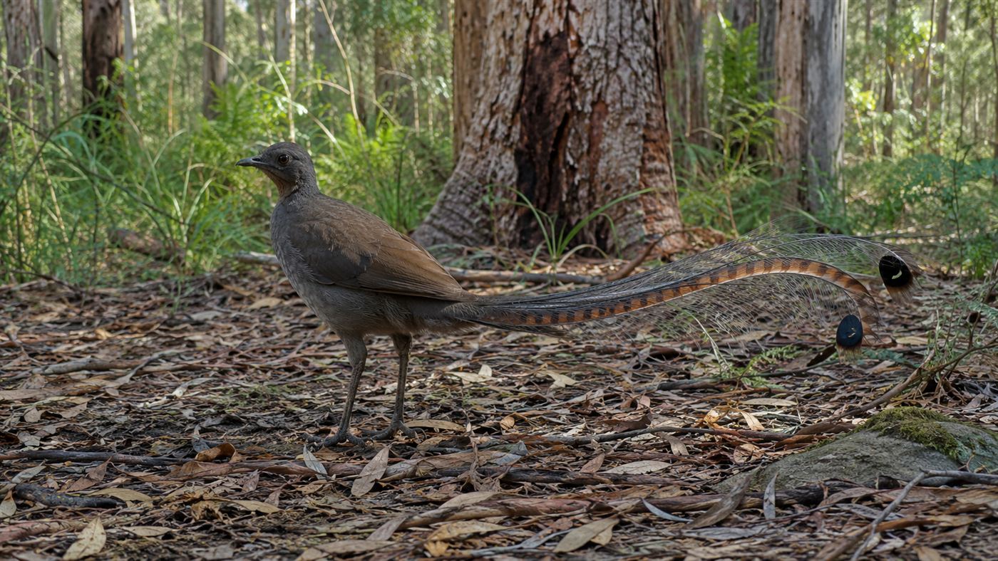 A superb lyrebird standing on the forest floor with its long elegant lyre-shaped tail feathers visible
