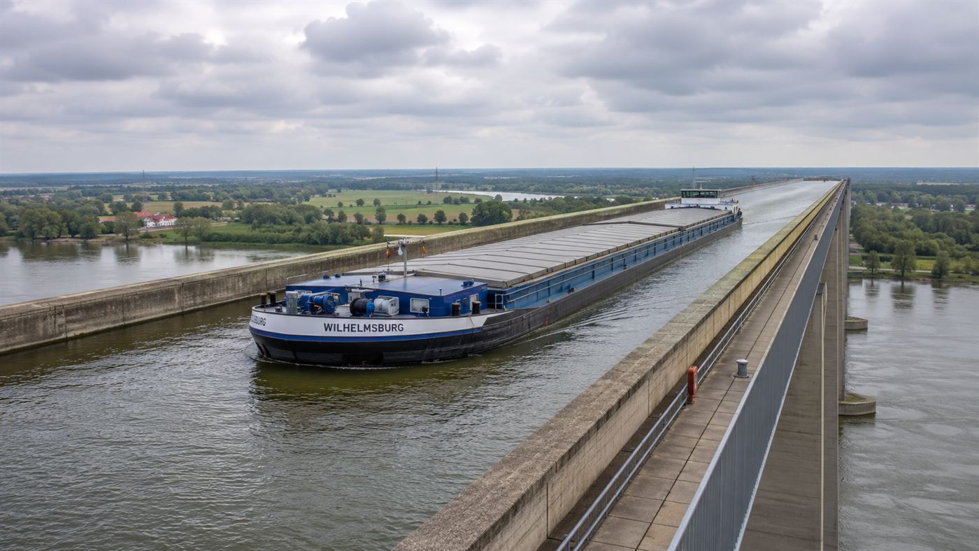 A long cargo barge sailing across the water-filled trough of the Magdeburg aqueduct with the River Elbe visible far below
