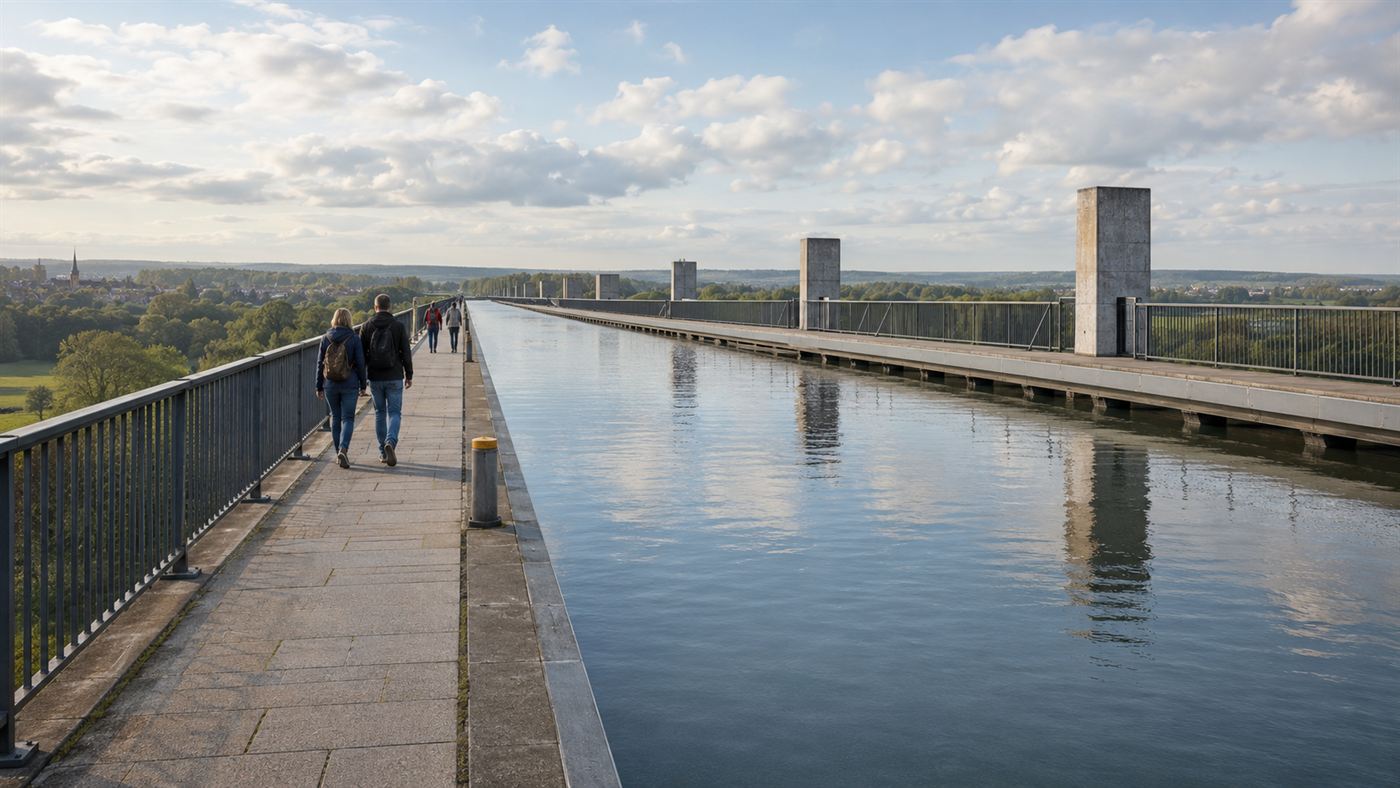 The long straight water channel of the Magdeburg aqueduct seen from the towpath, with calm water stretching into the distance and people walking alongside