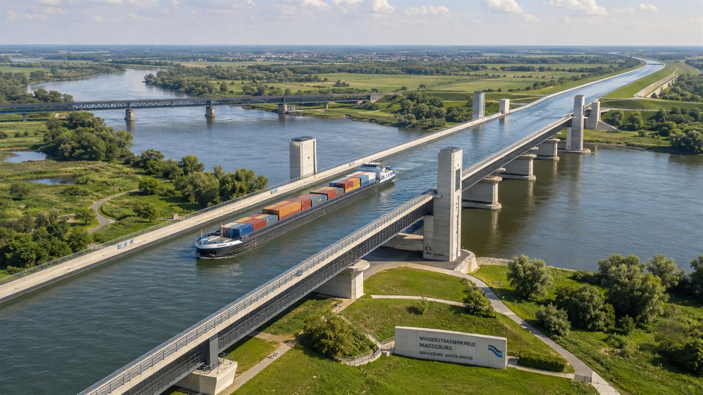 A wide canal full of water carried on a long bridge over the River Elbe, with a barge crossing high above the river and green banks on either side