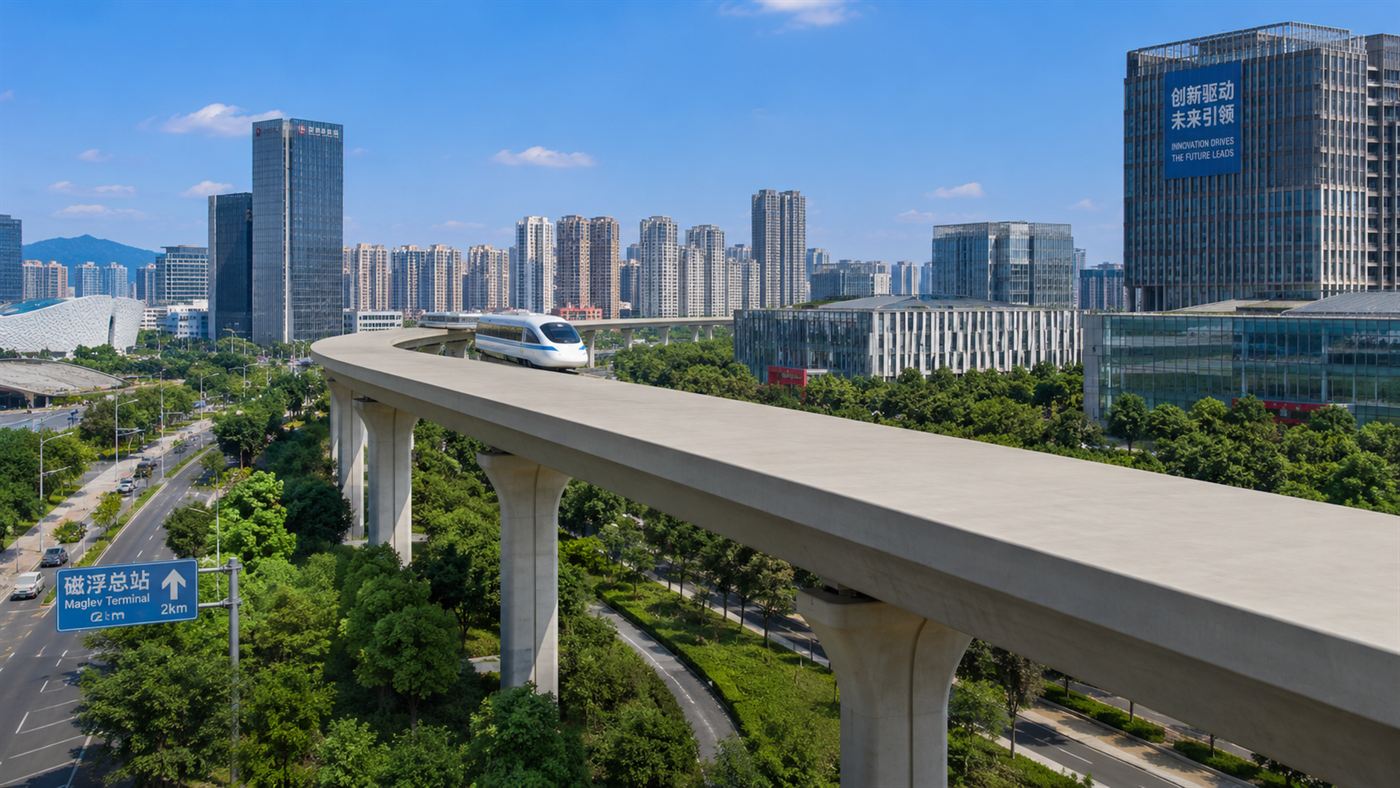 The distinctive flat-topped elevated maglev guideway curving through the Pudong district, with no traditional steel rails on top
