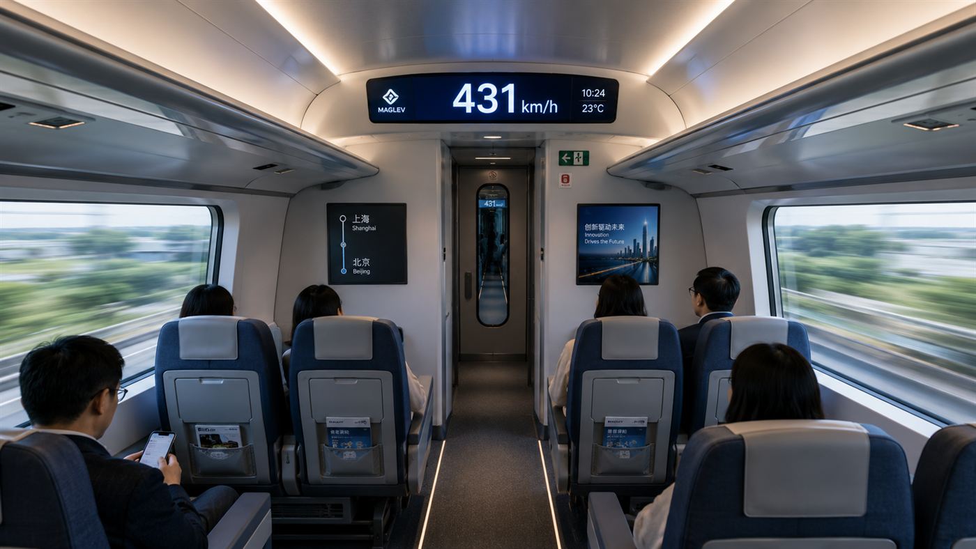The interior of a maglev cabin with a digital display reading 431 km/h above the door and scenery blurring past the windows