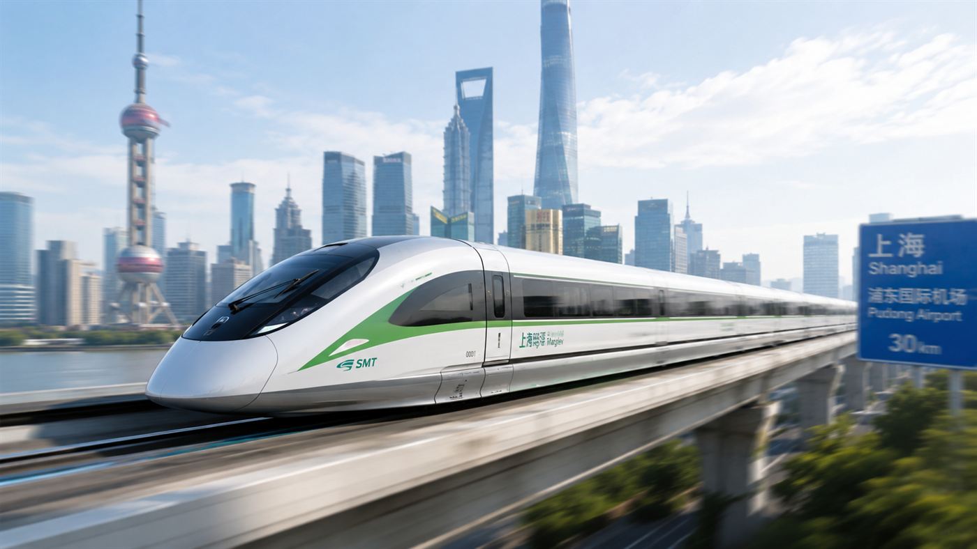 A sleek white and green maglev train speeding along an elevated concrete guideway with motion blur and the Shanghai skyline behind