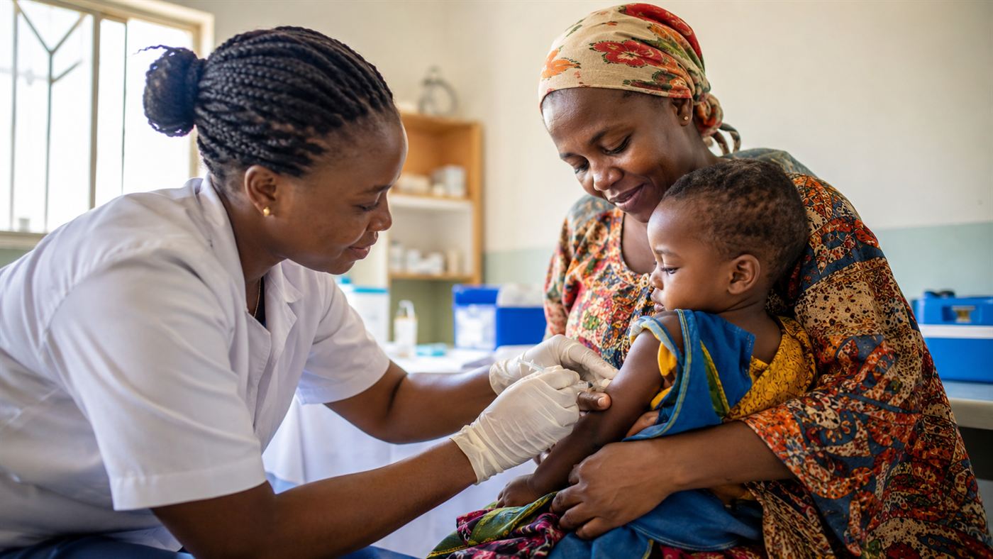 A health worker giving a malaria vaccine to a young child at a clinic in Africa