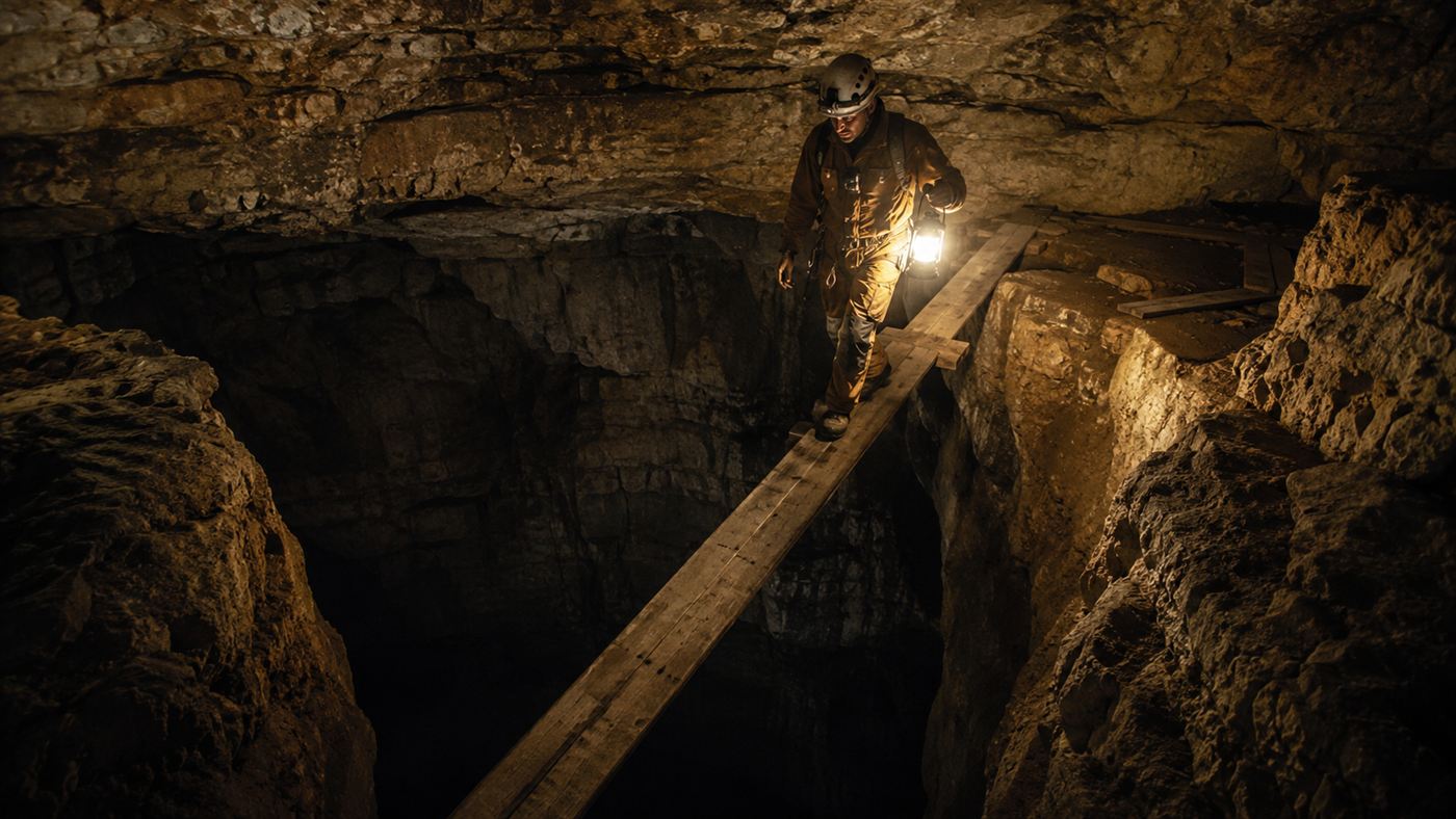 A cave explorer crossing the Bottomless Pit in Mammoth Cave by lantern light