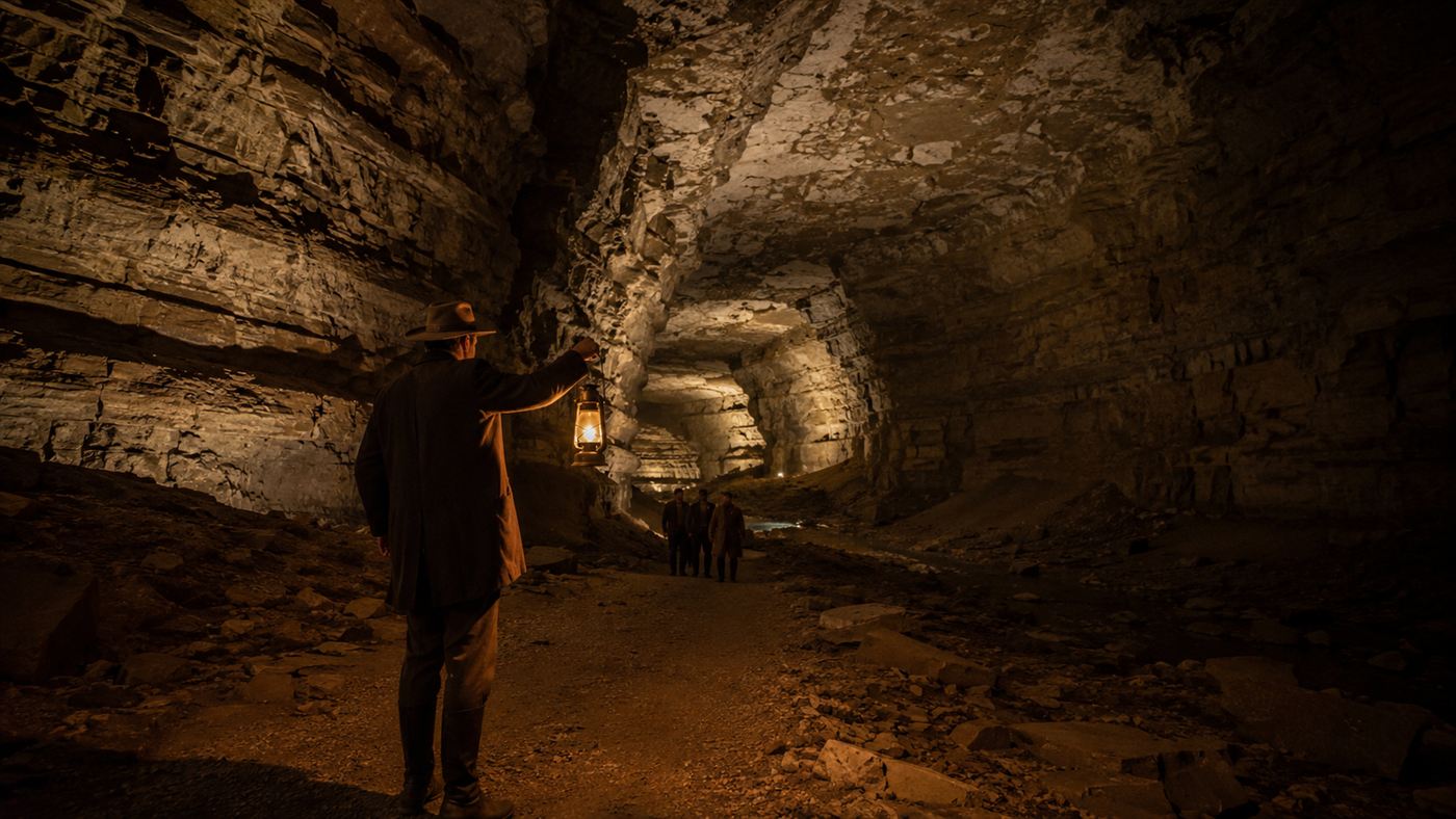 A guide with a lantern in a vast passage of Mammoth Cave, Kentucky, the longest cave on Earth