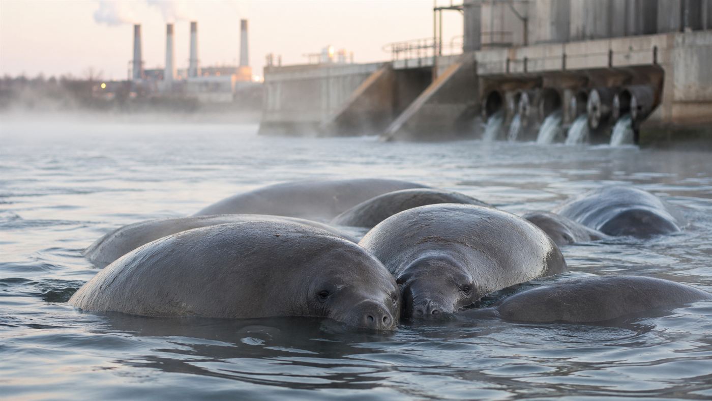 Manatees huddled together in the warm water discharge of a power plant on a cold winter morning