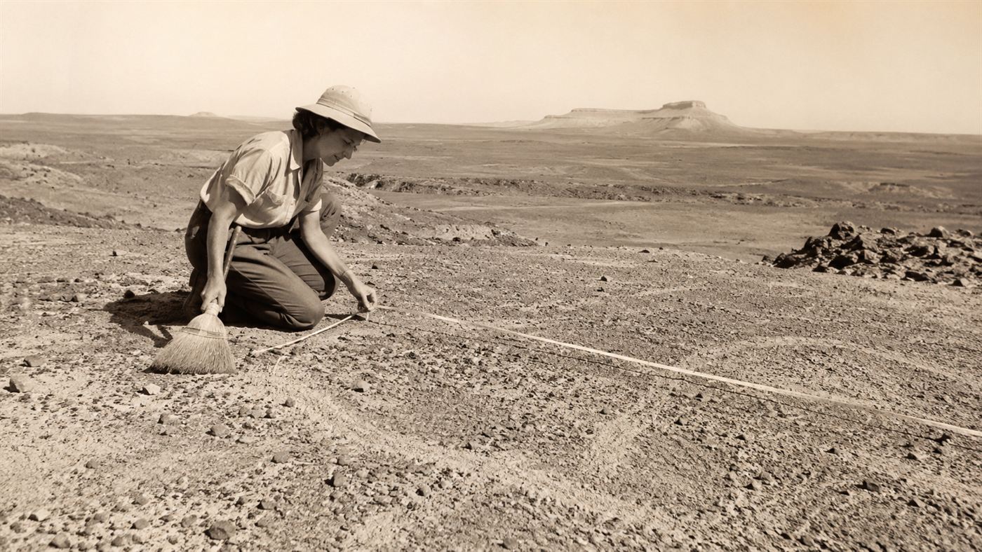 A woman studying the Nazca Lines in the desert, evoking Maria Reiche