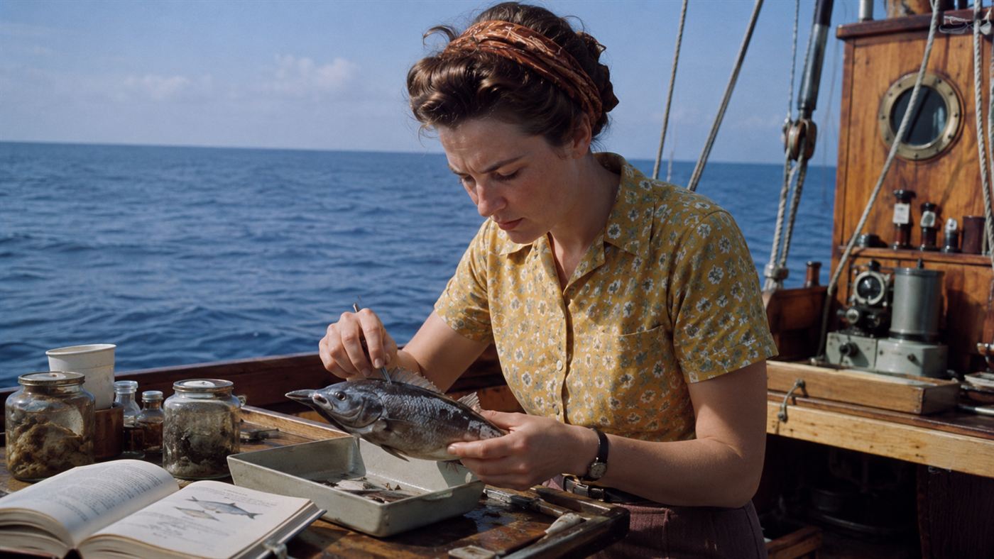 A woman marine biologist in vintage clothing on a research boat deck examining a fish, ocean behind her