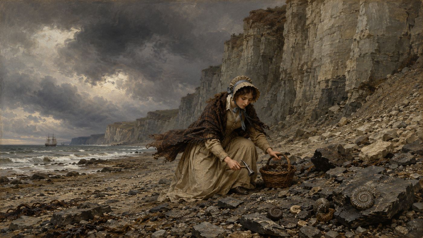 Mary Anning searching for fossils with a basket and hammer beneath the cliffs at Lyme Regis
