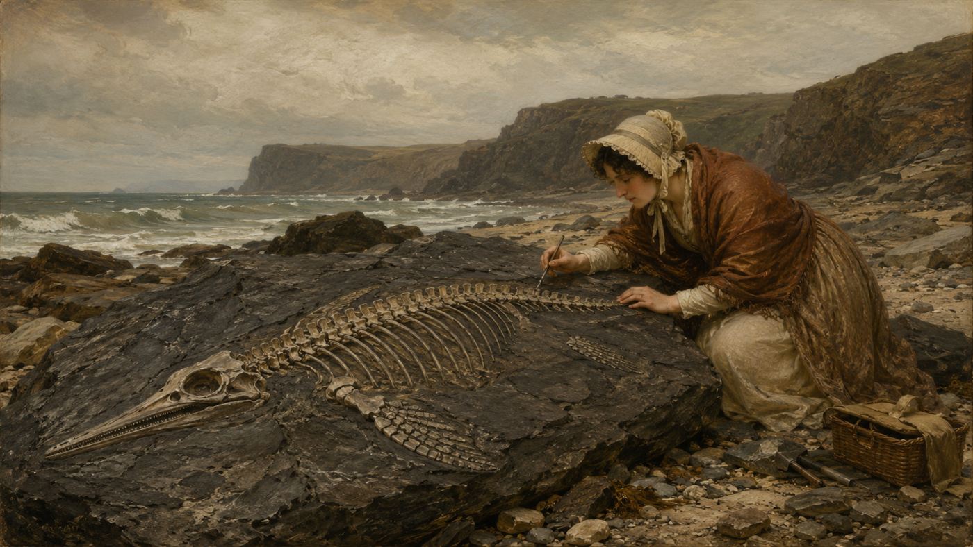 A long ichthyosaur fossil skeleton in dark rock being cleaned by an early-1800s woman