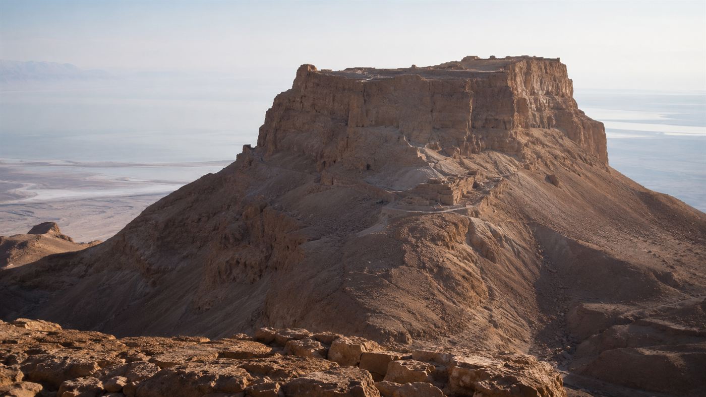 The ancient flat-topped Masada desert fortress mesa rising over a barren rocky landscape near a pale salt sea