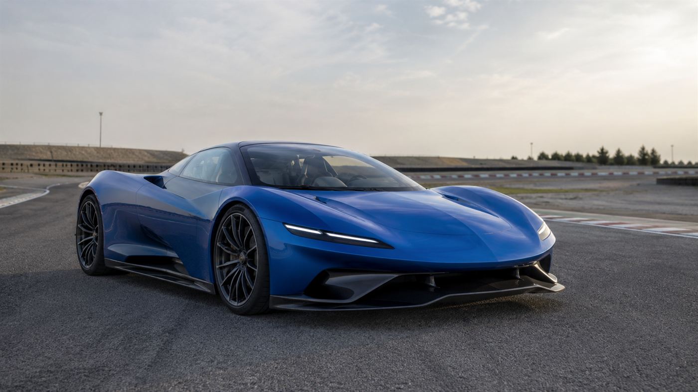 The Rimac Nevera electric hypercar built by Mate Rimac, a sleek low blue sports car on a track