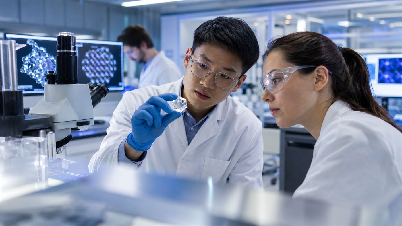 Researchers in a materials science lab examining a synthesized crystal sample with instruments, testing claims about a room-temperature superconductor