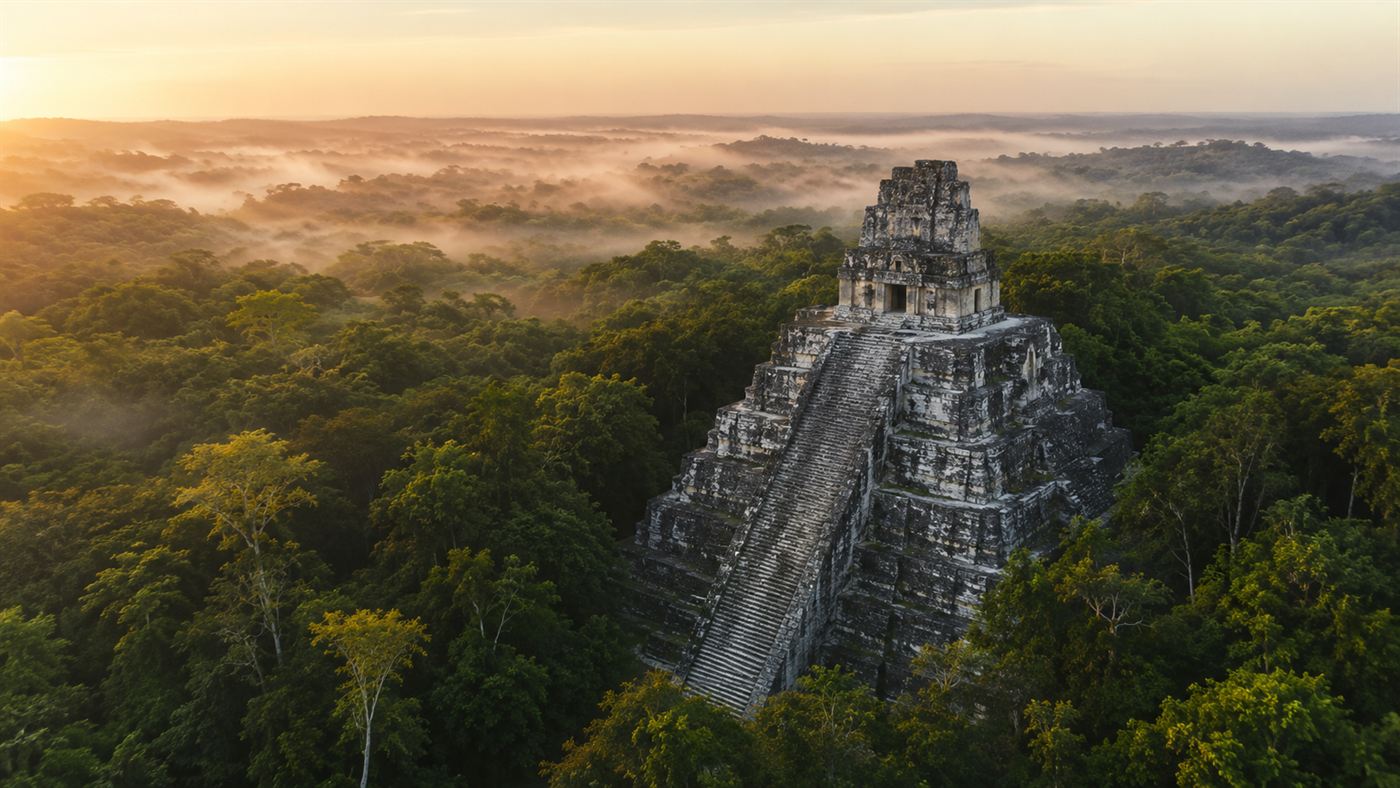 A stone Maya city pyramid temple rising out of dense green rainforest canopy under morning mist