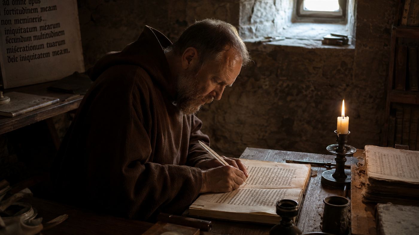 A medieval monk hunched over a large manuscript, writing by candlelight in a stone scriptorium