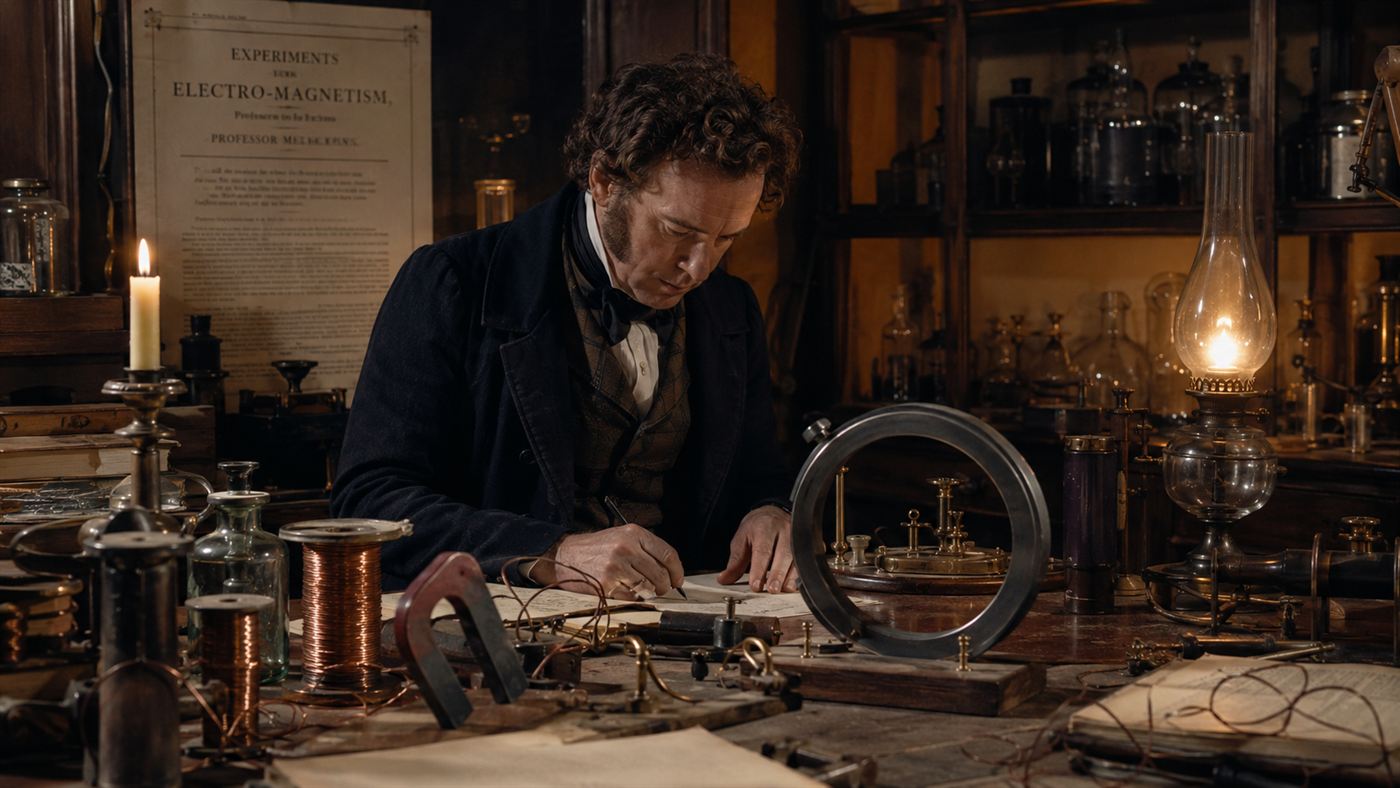 Michael Faraday in his Royal Institution laboratory surrounded by coils of wire, a magnet and glass jars by lamplight