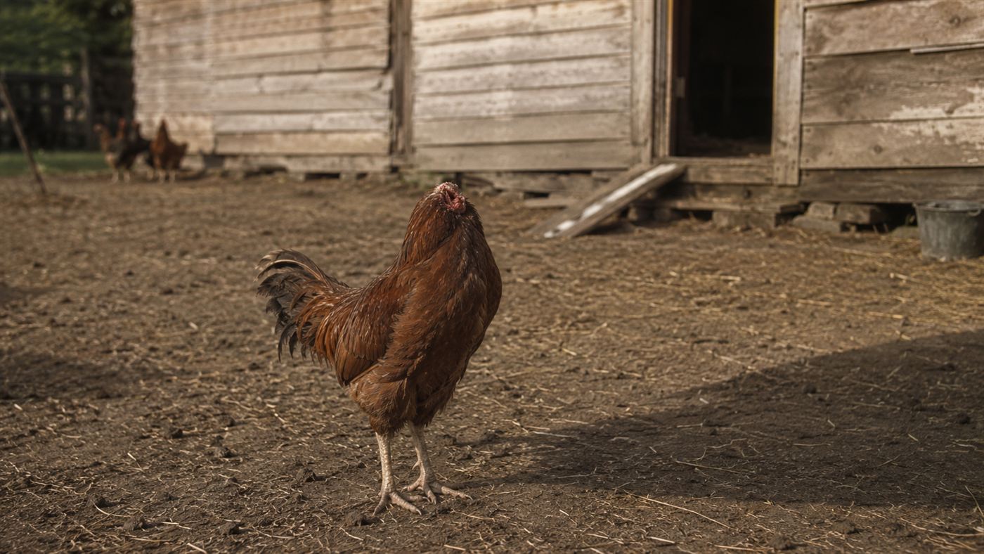 A brown rooster with no head standing upright in a 1940s farmyard, evoking Mike the Headless Chicken