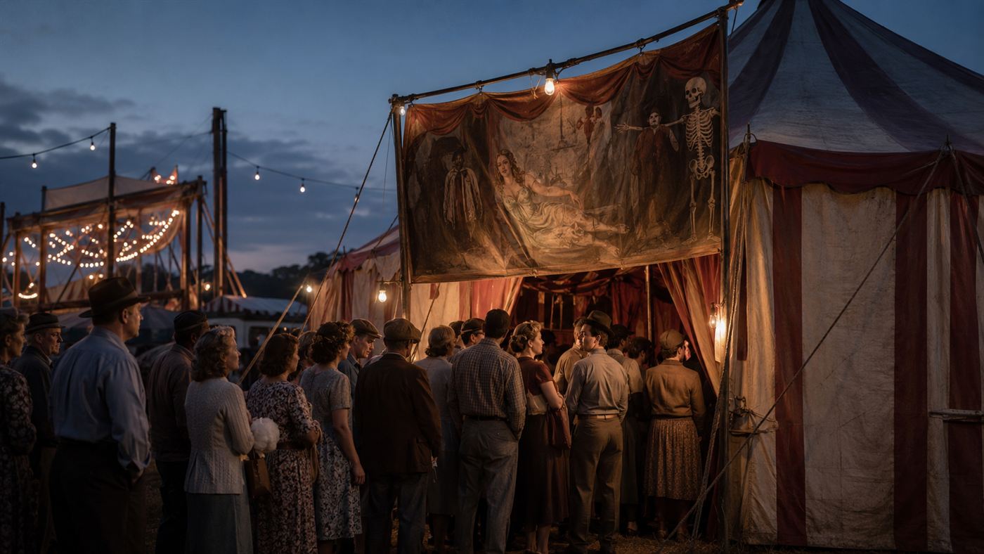 A vintage 1940s carnival sideshow tent with a banner advertising a wondrous attraction, crowd outside