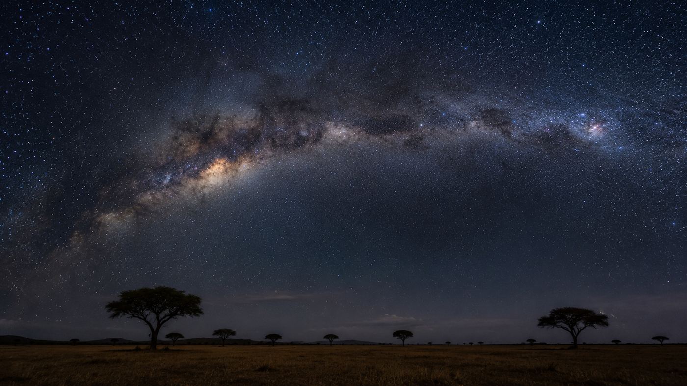 The bright band of the Milky Way arching across a dark starry night sky over a savanna horizon