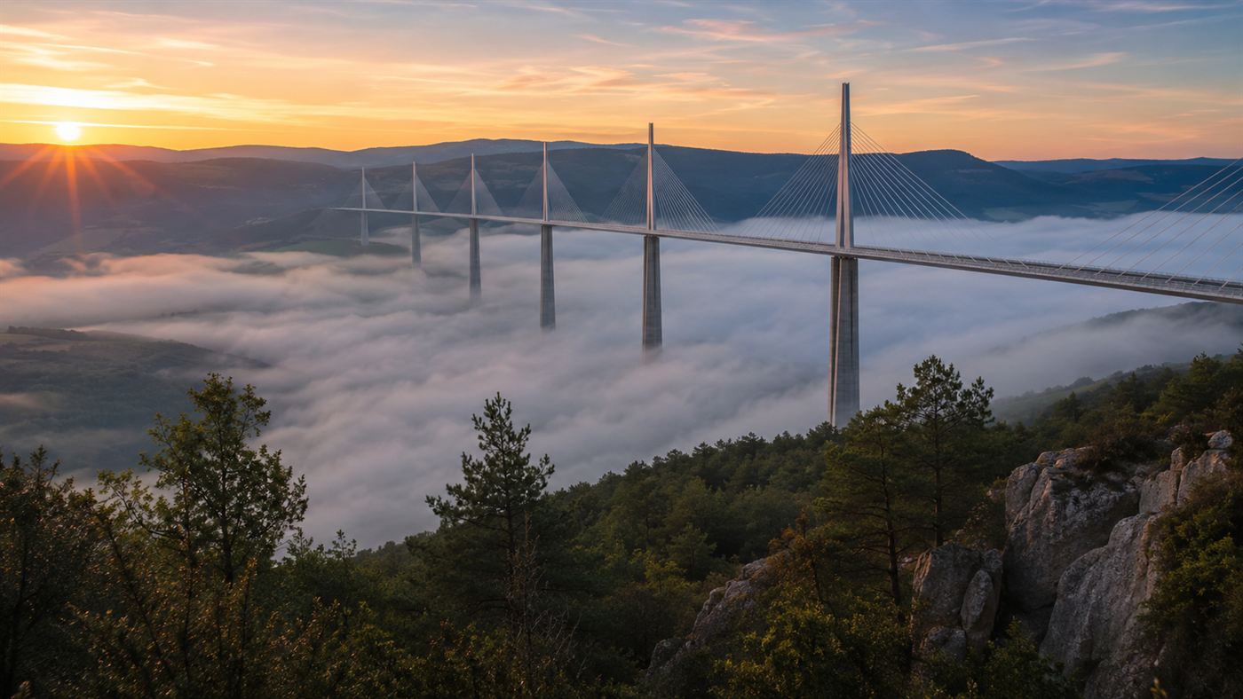 The Millau Viaduct rising above a sea of low white cloud filling the valley, only the masts and roadway visible