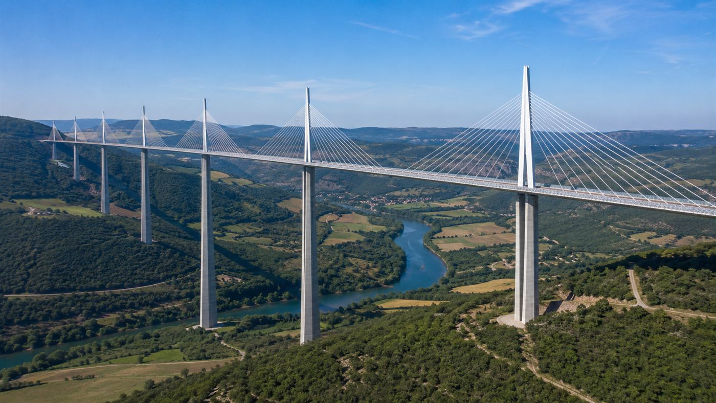 The Millau Viaduct, a long white cable-stayed bridge on tall slender piers, spanning a green river valley in southern France
