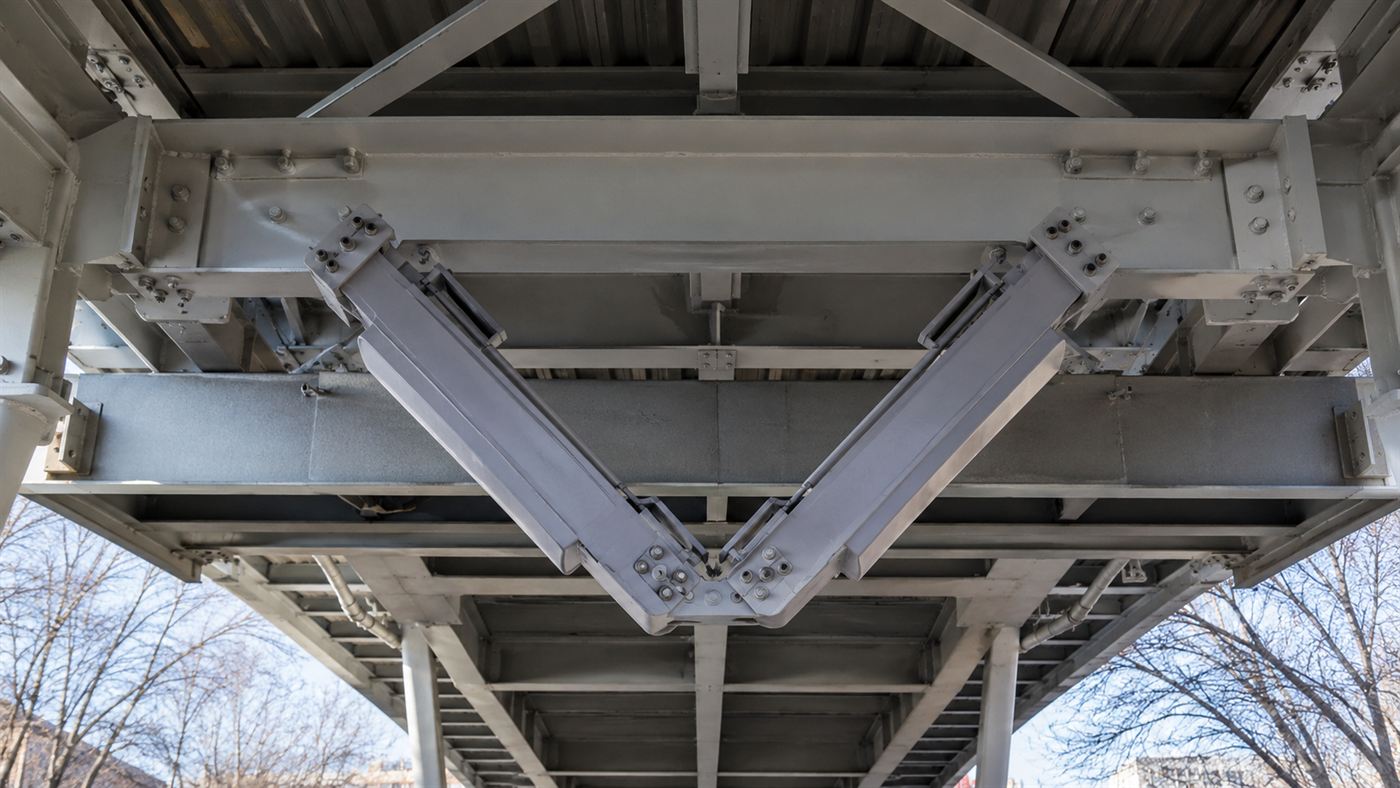 A V-shaped chevron fluid-viscous damper fitted beneath the deck of the Millennium Bridge to stop the wobble
