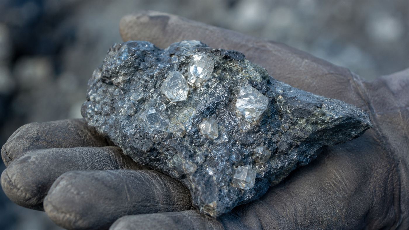 Rough uncut diamonds in kimberlite rock from the Mirny diamond mine