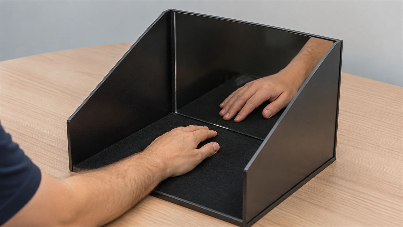 A simple mirror box therapy device on a table, a vertical mirror reflecting a hand, used to treat phantom limb pain
