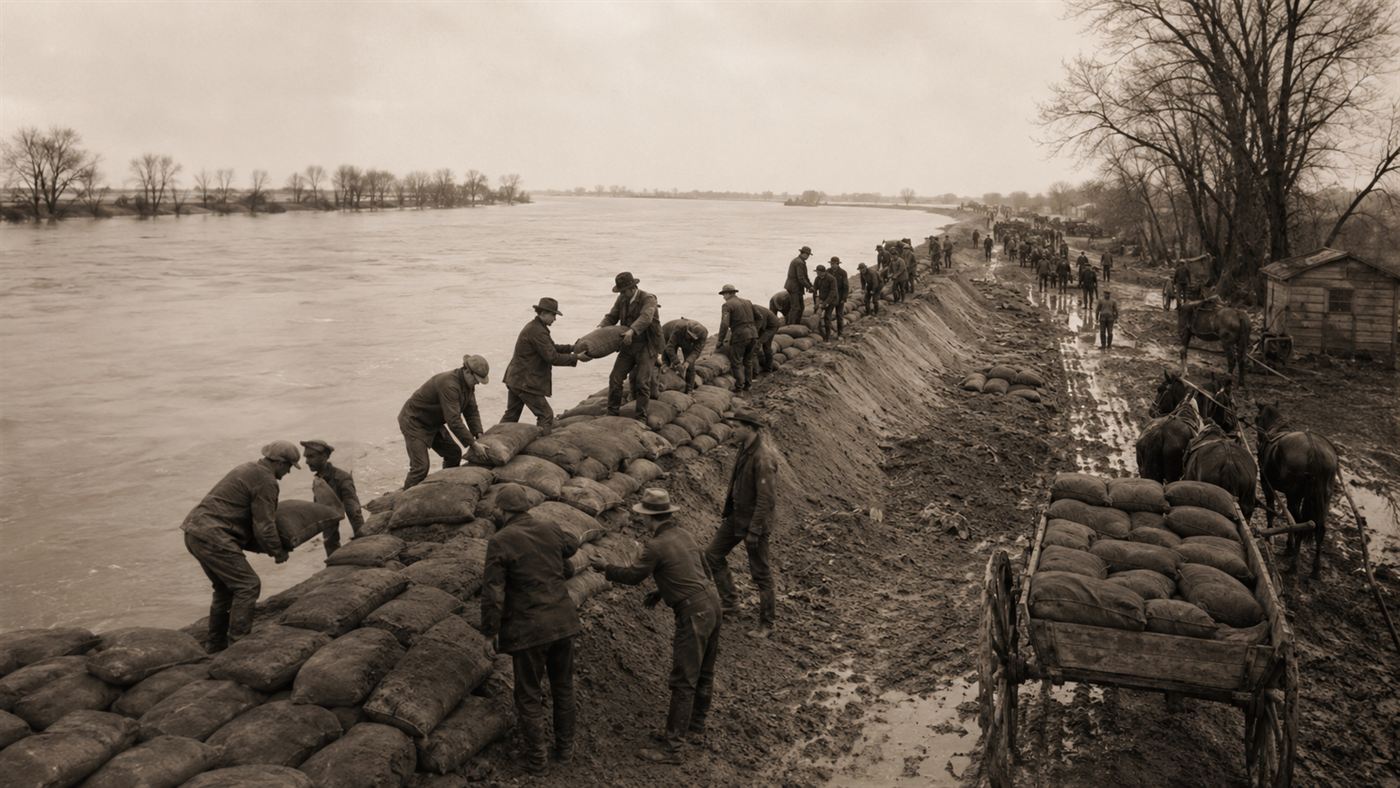 Workers stacking sandbags on top of a straining earthen levee beside a swollen brown river in 1927