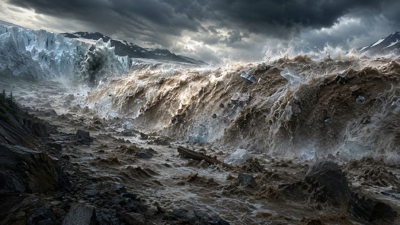 An illustration of the Missoula Floods, a towering wall of water bursting from a failing ice dam across the landscape