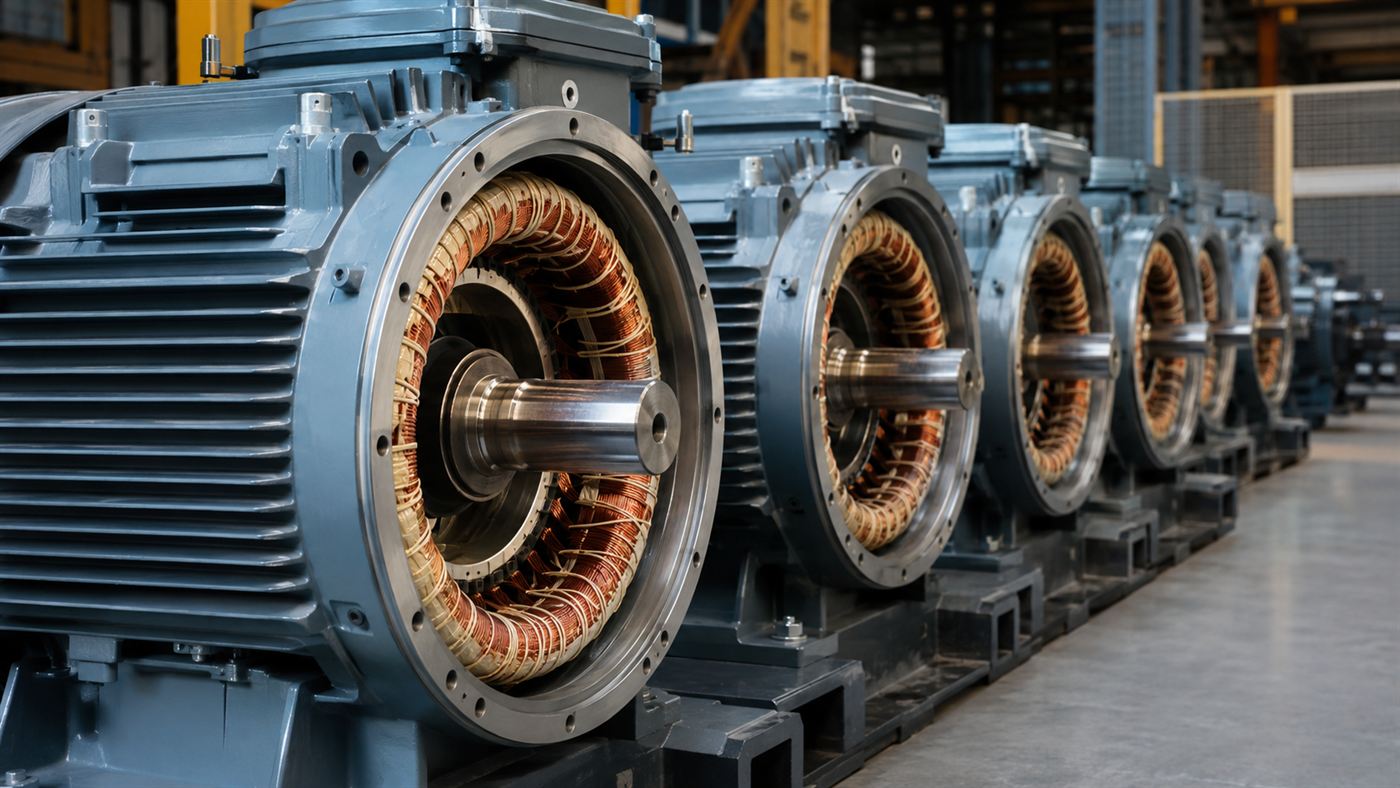 A row of large modern industrial AC electric motors with copper windings in a factory