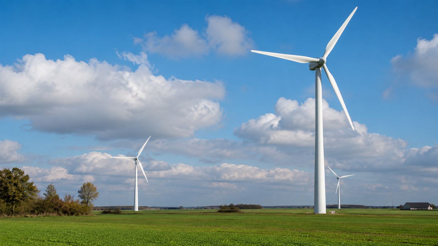Modern white wind turbines turning in a green Danish landscape under a bright sky
