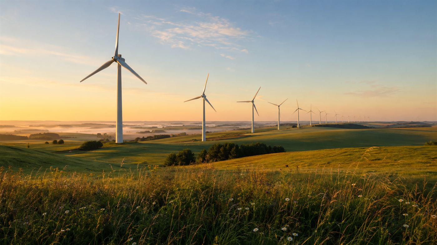 A long row of modern three-bladed white wind turbines across green Danish farmland at sunrise