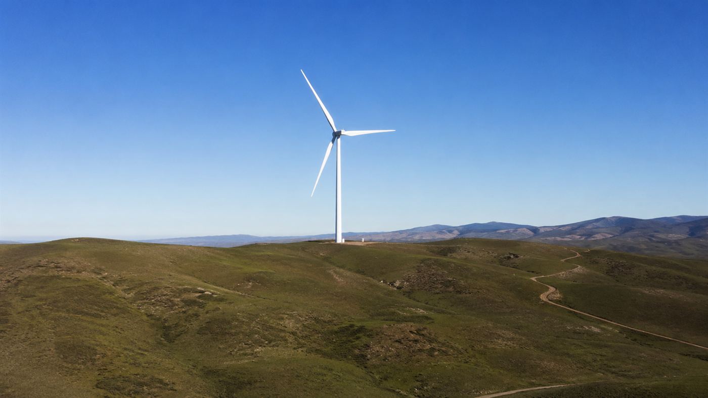 A single tall modern wind turbine with long slow blades standing alone on green hills where small old turbines used to be