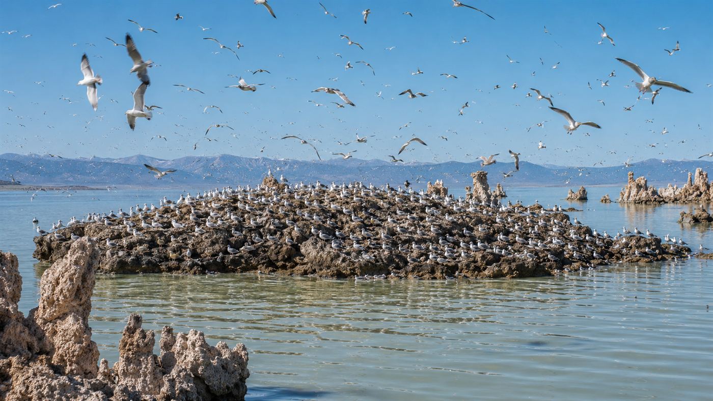 Thousands of California gulls nesting over a rocky island in Mono Lake, California