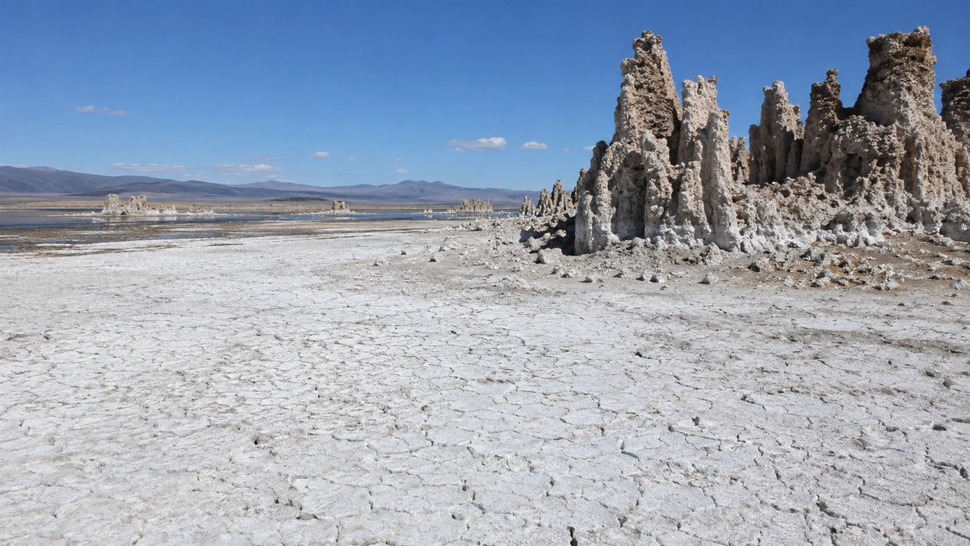 The exposed white alkaline shoreline of Mono Lake showing high-water marks on distant tufa towers