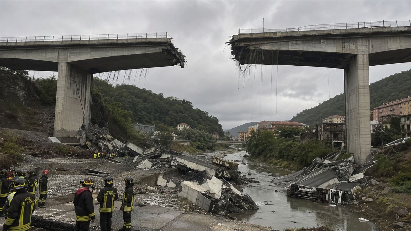 The aftermath of the Morandi Bridge collapse, a huge gap where a span and pillar fell into the valley with rubble below