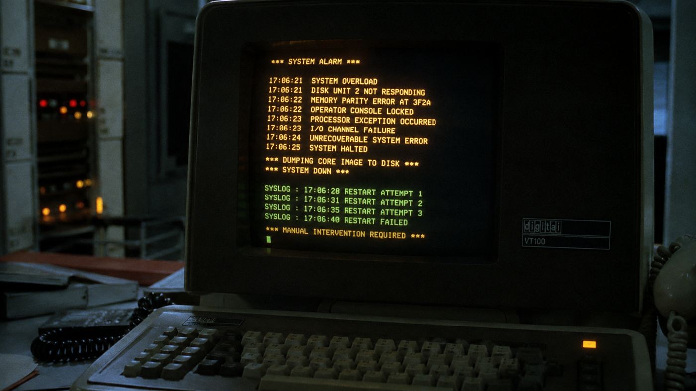 A late-1980s computer terminal screen filling with system error messages, evoking the Morris worm