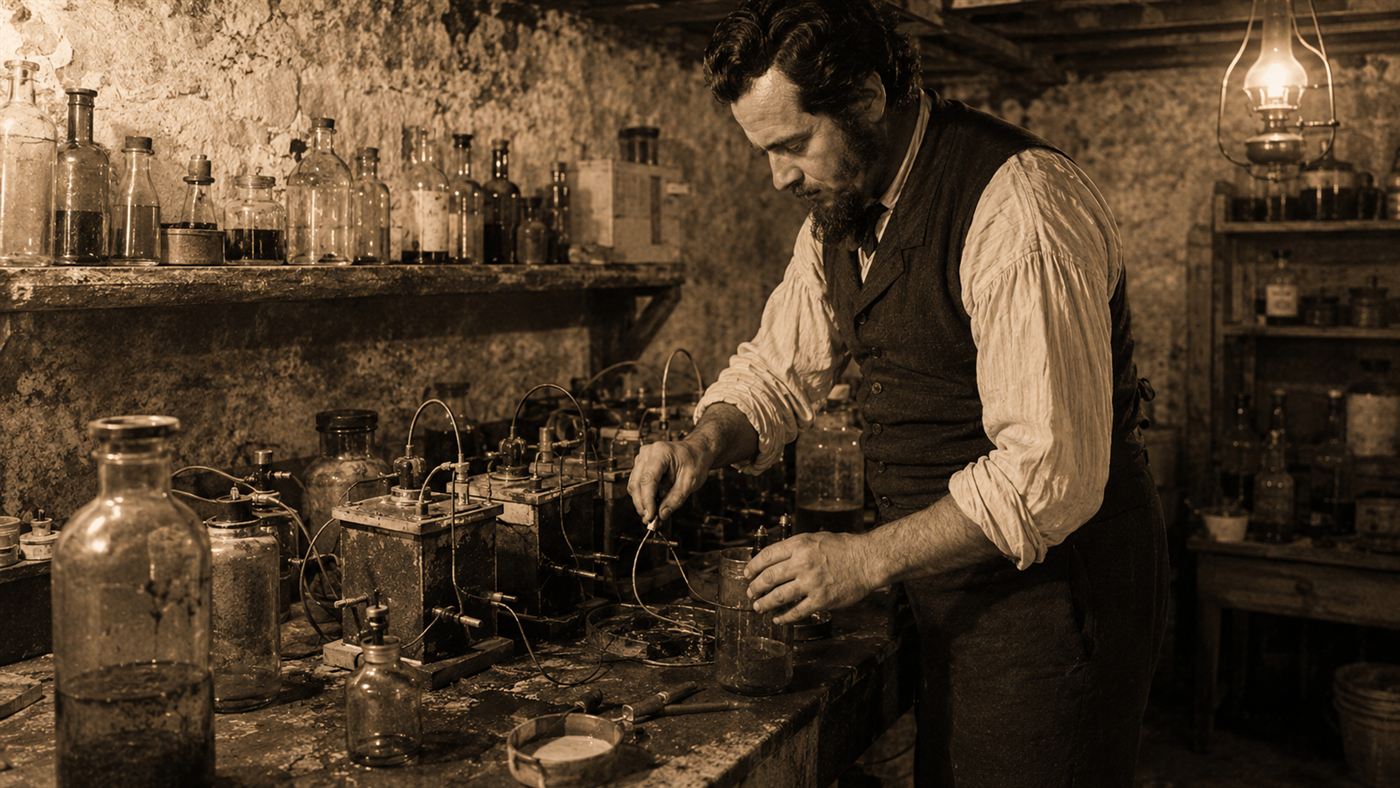 A 19th-century chemist working on lead-acid batteries, like William Morrison in his basement